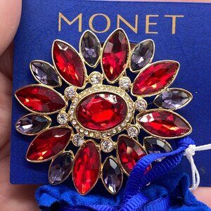 Monet Gold-Tone Red & Purple Rhinestone Flower Brooch Pin With Blue Velvet Pouch